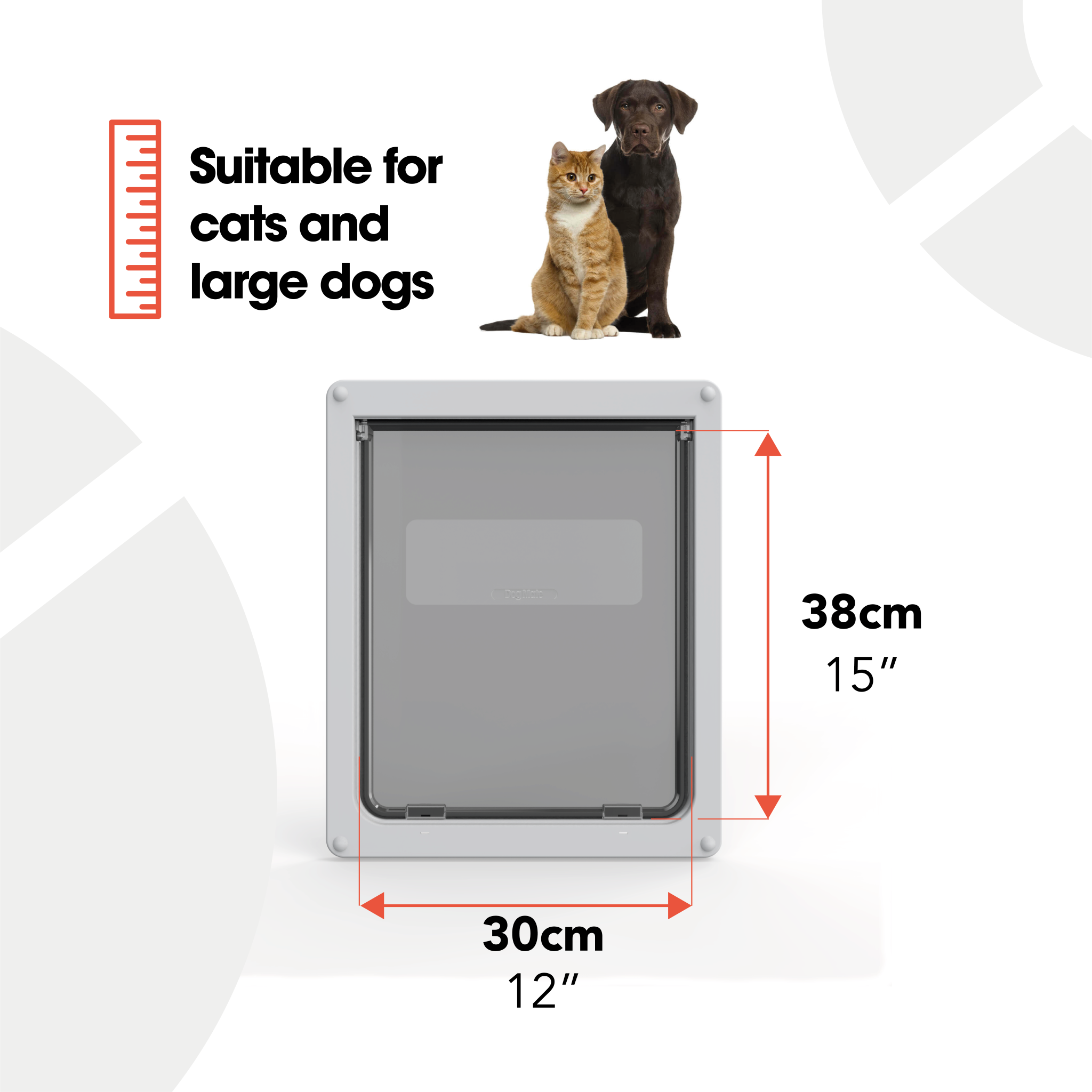 Infographic displaying a large pet door with dimensions labelled as 38 cm (15 inches) in height and 30 cm (12 inches) in width in black text At the top, there is a cat and a large dog sitting side by side, accompanied by the text 'Suitable for cats and large dogs' next to a red ruler icon. The pet door shown has a white frame and a frosted flap with a clear rectangular panel in the centre, on a white background