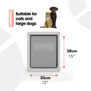 Infographic displaying a large pet door with dimensions labelled as 38 cm (15 inches) in height and 30 cm (12 inches) in width in black text At the top, there is a cat and a large dog sitting side by side, accompanied by the text 'Suitable for cats and large dogs' next to a red ruler icon. The pet door shown has a white frame and a frosted flap with a clear rectangular panel in the centre, on a white background