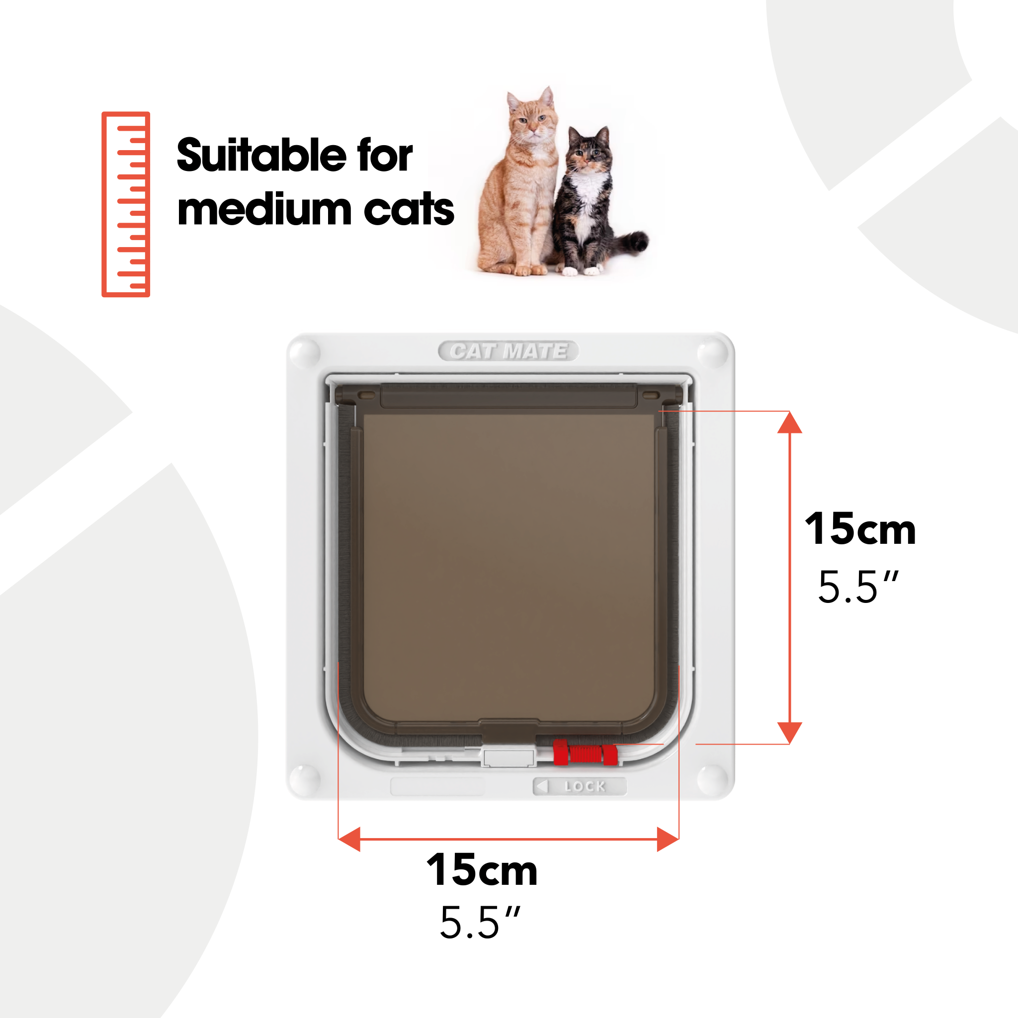 Image on a white background showing a square cat flap labelled 'CAT MATE,' suitable for medium cats. At the top, there's a ruler icon and the text 'Suitable for medium cats' next to two cats sitting side by side. The cat flap is measured with red arrows indicating both height and width as 15 cm (5.5 inches)