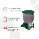 Infographic of a green automatic pet feeder filled with dry food. The digital display and control buttons are visible on the front. Three features are highlighted with text: 'Schedule multiple meals over the day', 'Provide consistent feeds from 10g' and 'Secure lid stops wildlife getting to the food'. The design emphasizes reliable portion control and protection for outdoor use on a white background
