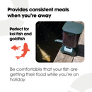 Infographic showing a green automatic fish feeder placed on the edge of a wooden deck beside a pond, with a large koi fish swimming below. Text on the image highlights the product benefits: 'Provides consistent meals when you’re away,' 'Perfect for koi fish and goldfish,' and 'Be comfortable that your fish are getting their food while you’re on holiday' on a white background