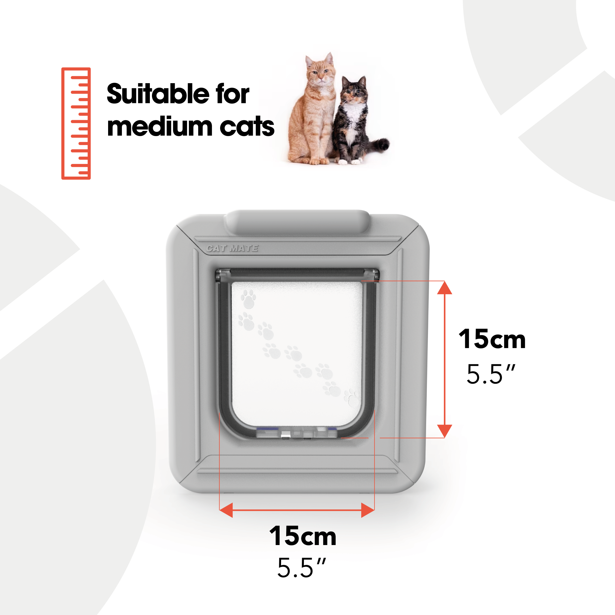 Infographic showing a Cat Mate cat flap designed for medium-sized cats. The flap is square-shaped and has a transparent door with paw print designs. Red measurement lines indicate the flap dimensions: 15cm (5.5 inches) in height and width. Text at the top left reads 'Suitable for medium cats,' with an icon of a ruler and an image of two cats—one ginger and one calico —next to the text.