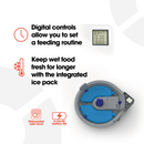 Infographic showing the benefits of the five meal automatic pet feeder 'Digital controls allow you to set a feeding routine' with a clock icon, and 'Keep wet food fresh for longer with the integrated ice pack' with a thermometer and snowflake icon. The feeder is shown from the bottom, revealing two blue ice packs and a digital timer display. Icons at the bottom indicate 'Dishwasher safe bowl' and '6 month battery life'