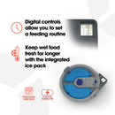An infographic showing the underside of a circular automatic pet feeder with digital controls and integrated blue ice packs. Text highlights two key features: 'Digital controls allow you to set a feeding routine' with a clock icon, and 'Keep wet food fresh for longer with the integrated ice pack' with a thermometer and snowflake icon. At the bottom, two icons indicate 'Dishwasher safe bowl' and '6 month battery life.'