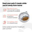 Infographic for a pet feeder with three large food compartments. Text at the top reads: 'Feed your pets 3 meals while you're away from home.' Benefits are listed as: 'Get back your lie-in when your pet is waking up at dawn for breakfast', 'Have peace of mind by setting a consistent schedule', and 'Save getting a sitter on a weekend away'. The feeder is shown partially filled with kibble. Bottom text reads: 'Extra wide bowls for maximum pet comfort'