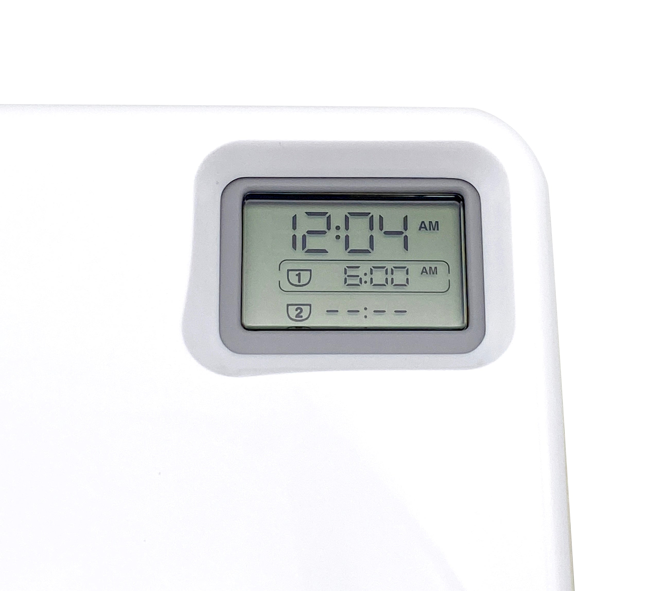 A close up of the digital timer on the white pet feeder on a white background