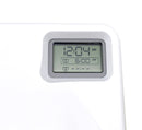 A close up of the digital timer on the white pet feeder on a white background