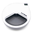 A white pet feeder on a white background displaying an empty grey bowl
