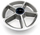 A top view of the five stainless steel  dish inserts placed on the white feeder carousel on a white background