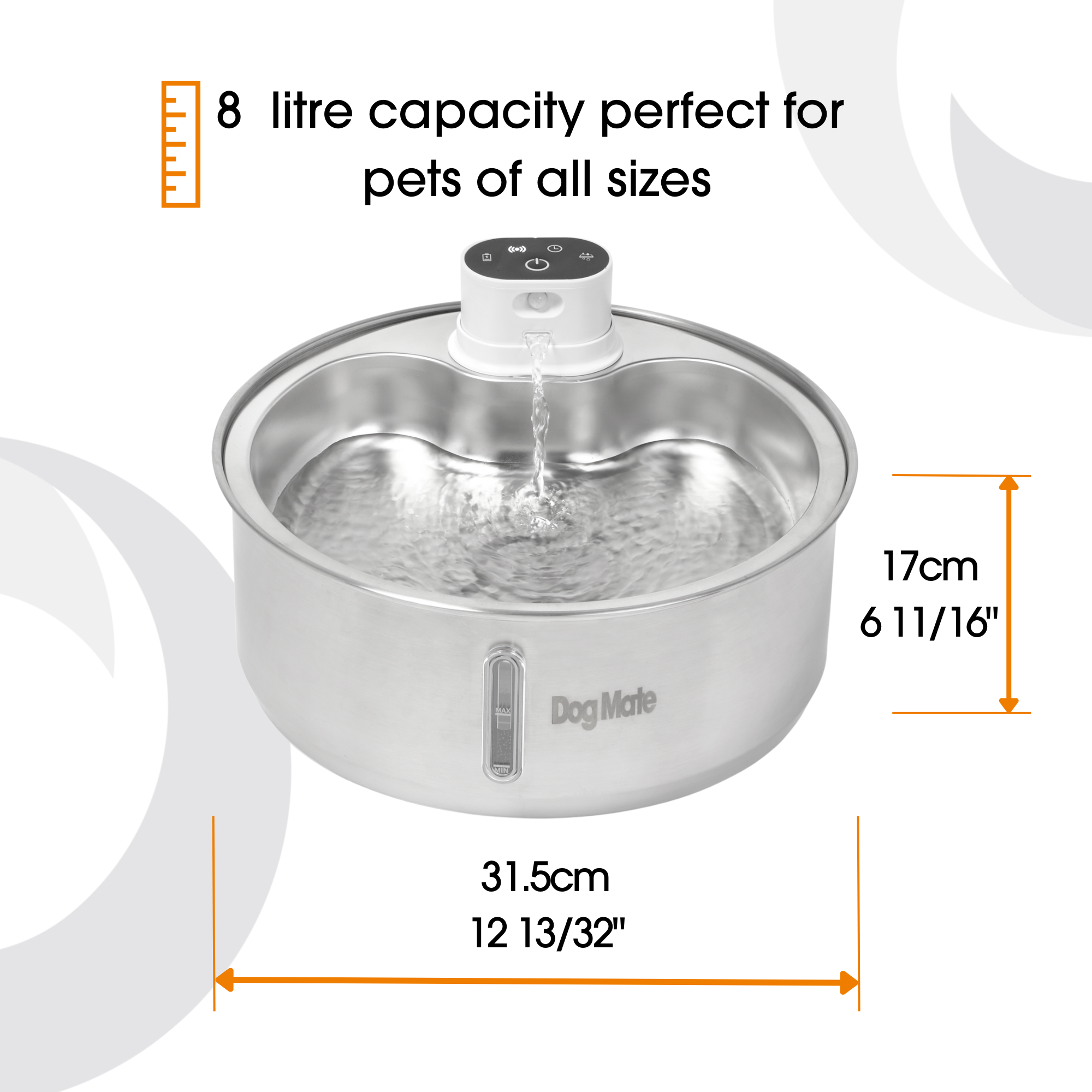 Stainless steel pet water fountain with dimensions and capacity details on a white background