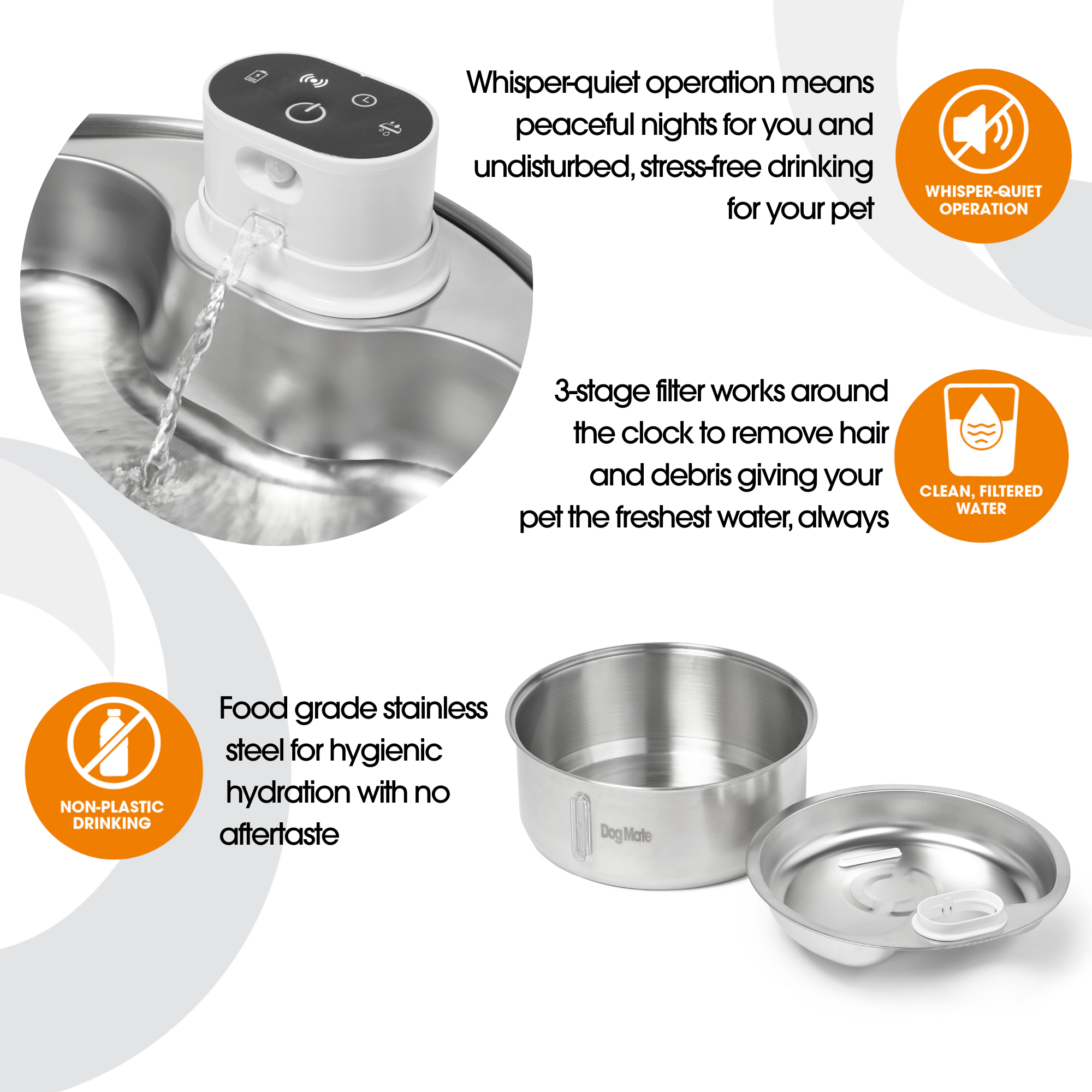 Stainless steel pet water fountain with accessories on a white background