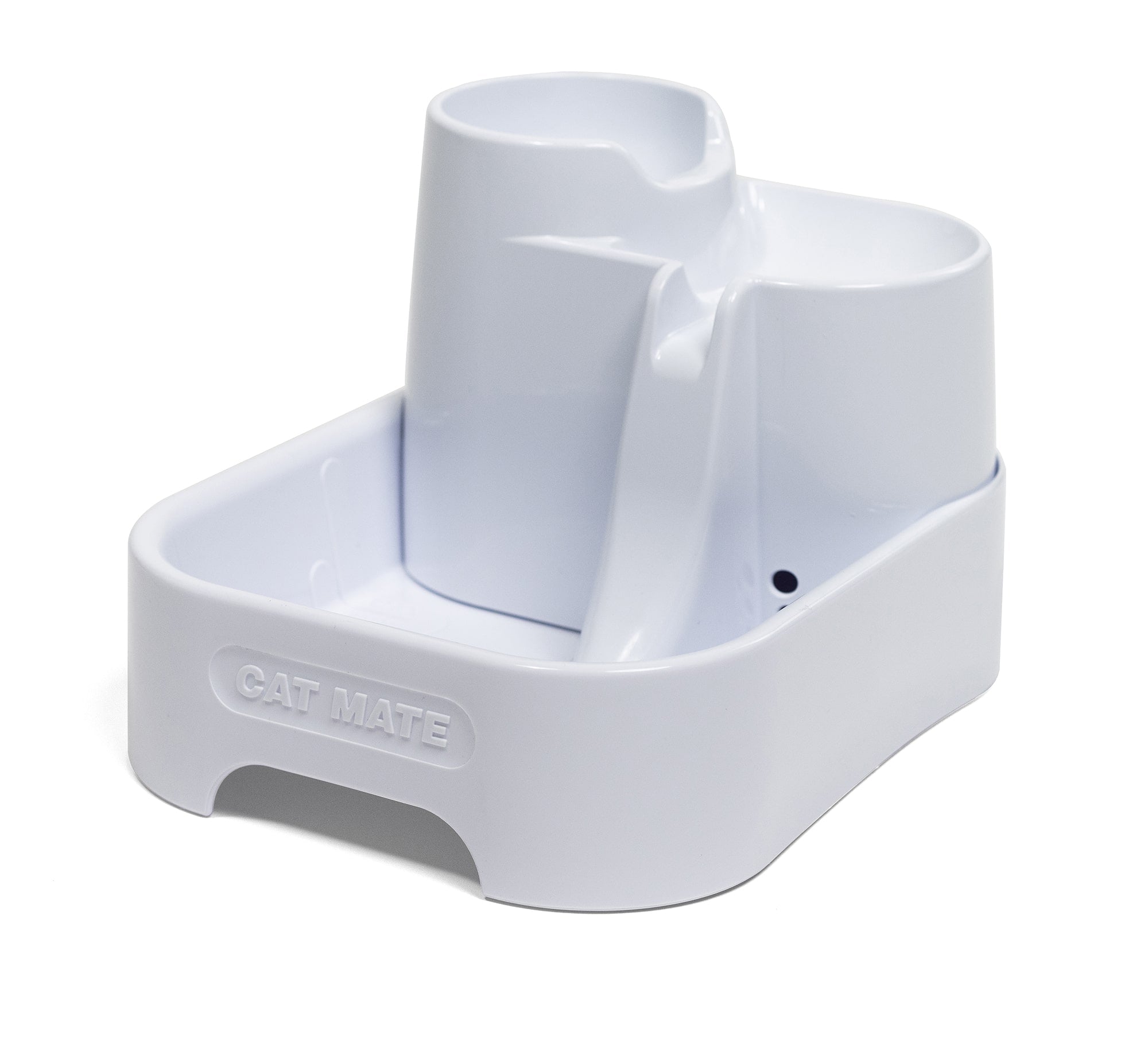 A side angled view of the empty white 3 level pet fountain which is suitable for cats and small dogs