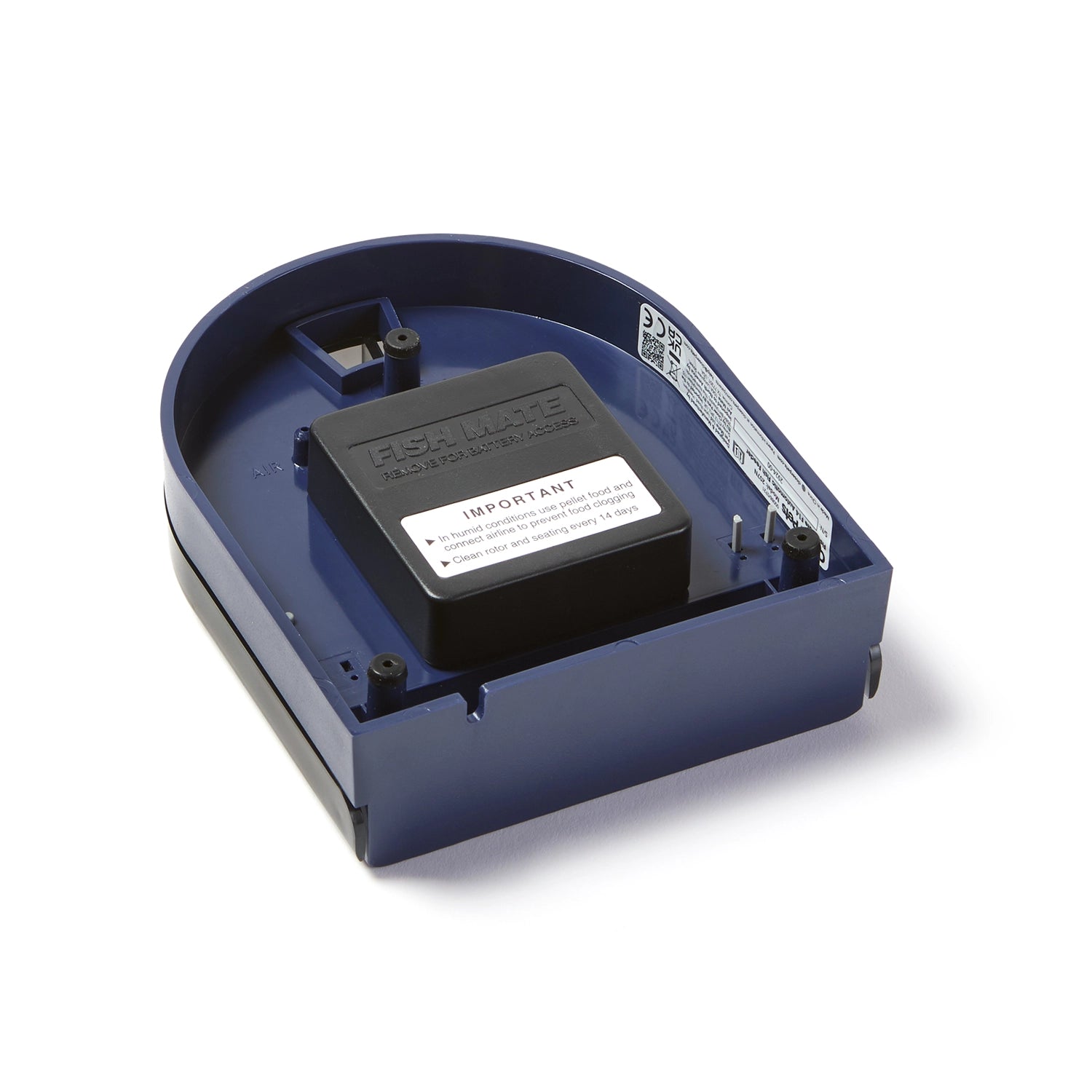 The underside of the dark blue aquarium fish feeder, displaying the battery case which provides power to the automatic feeder.