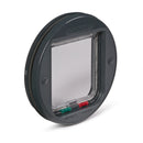A side-angled view of the grey circular pet door frame which has a rain-proof seal and magnetic closure on a white background
