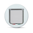 White manual pet door with clear flap and four way locks, suitable for average size cats on a white background