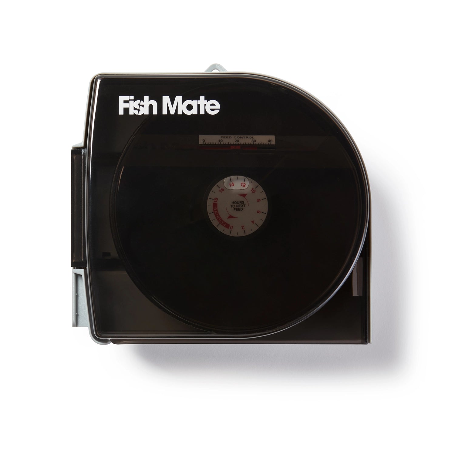 Black 'Fish Mate' automatic feeder for pond fish which can hold 21 days worth of food on a white background