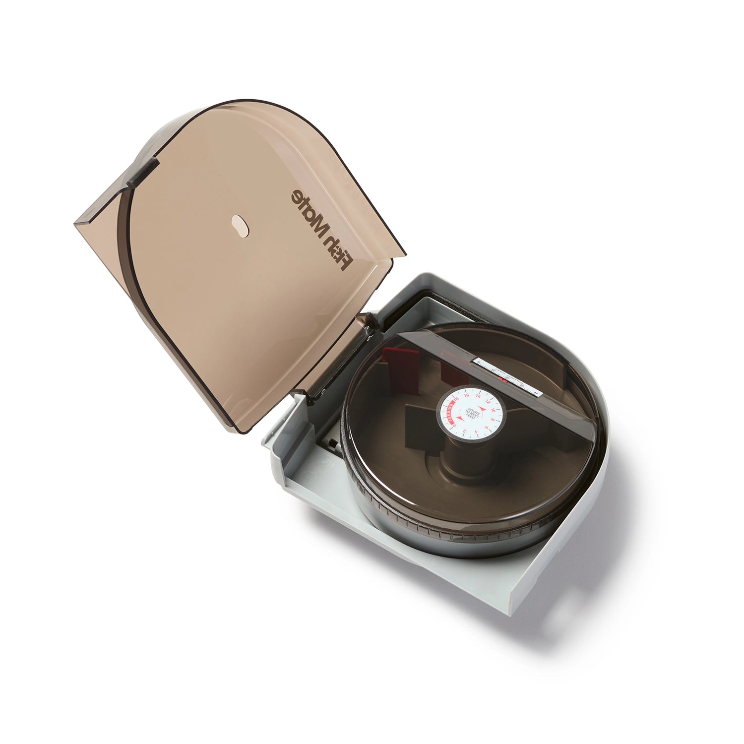 A front angle view of the dark coloured open automatic feeder with a 21 day food capacity and is suitable for feeding fish that are kept in ponds such as koi and goldfish on a white background