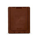 A rear view of the brown pet door for medium size dogs, and cats with the brown security panel lowered in place which locks and secures the clear flap