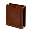 A side on angle view of the back of the brown pet door with the clear access flap and the secure locking panel on a white background