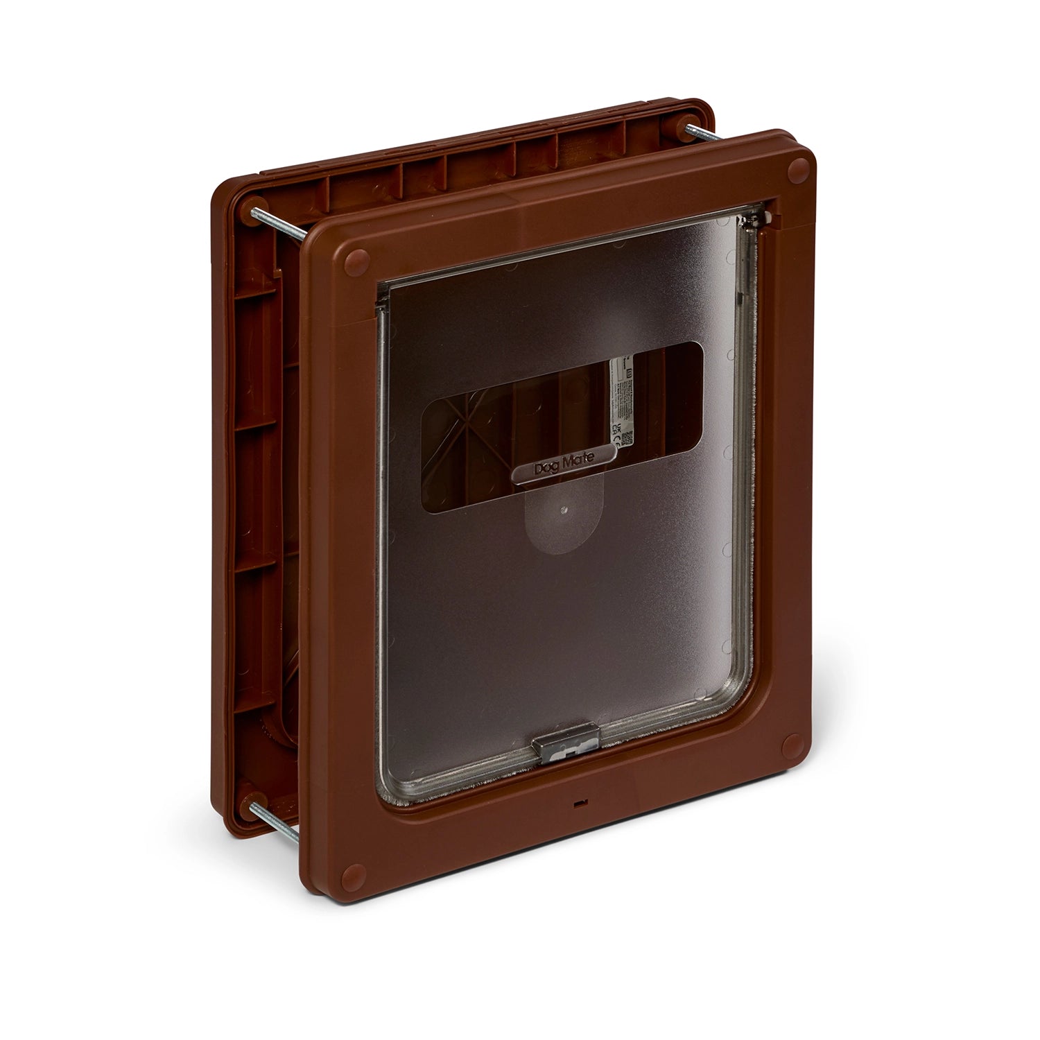 Brown plastic pet door with a transparent flap, designed for medium-sized dogs. The door features a sturdy rectangular frame with visible hinge mechanisms and a central locking panel labeled 'Dog Mate