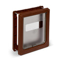 Brown rectangular dog door with a semi-transparent flap, designed for installation in a door or wall. The flap has a frosted finish with a clear horizontal window and a small handle at the bottom. The product is labeled 'Dog Mate' and features a robust frame with visible hinge pins for durability on a white background