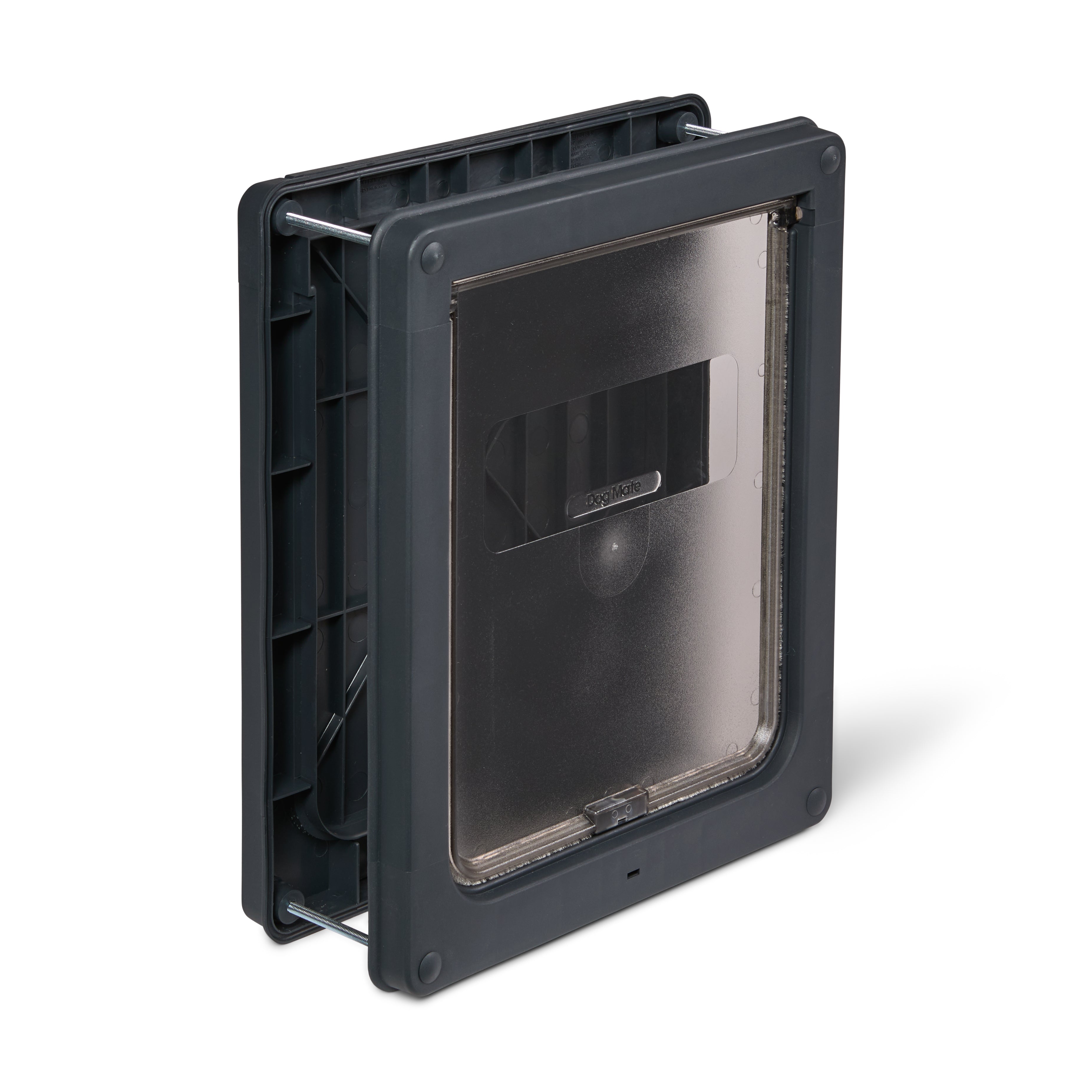 A side-angled view of the grey pet door for medium size dogs, which is self-lining up to two inches and is suitable for installation in to various door types and walls