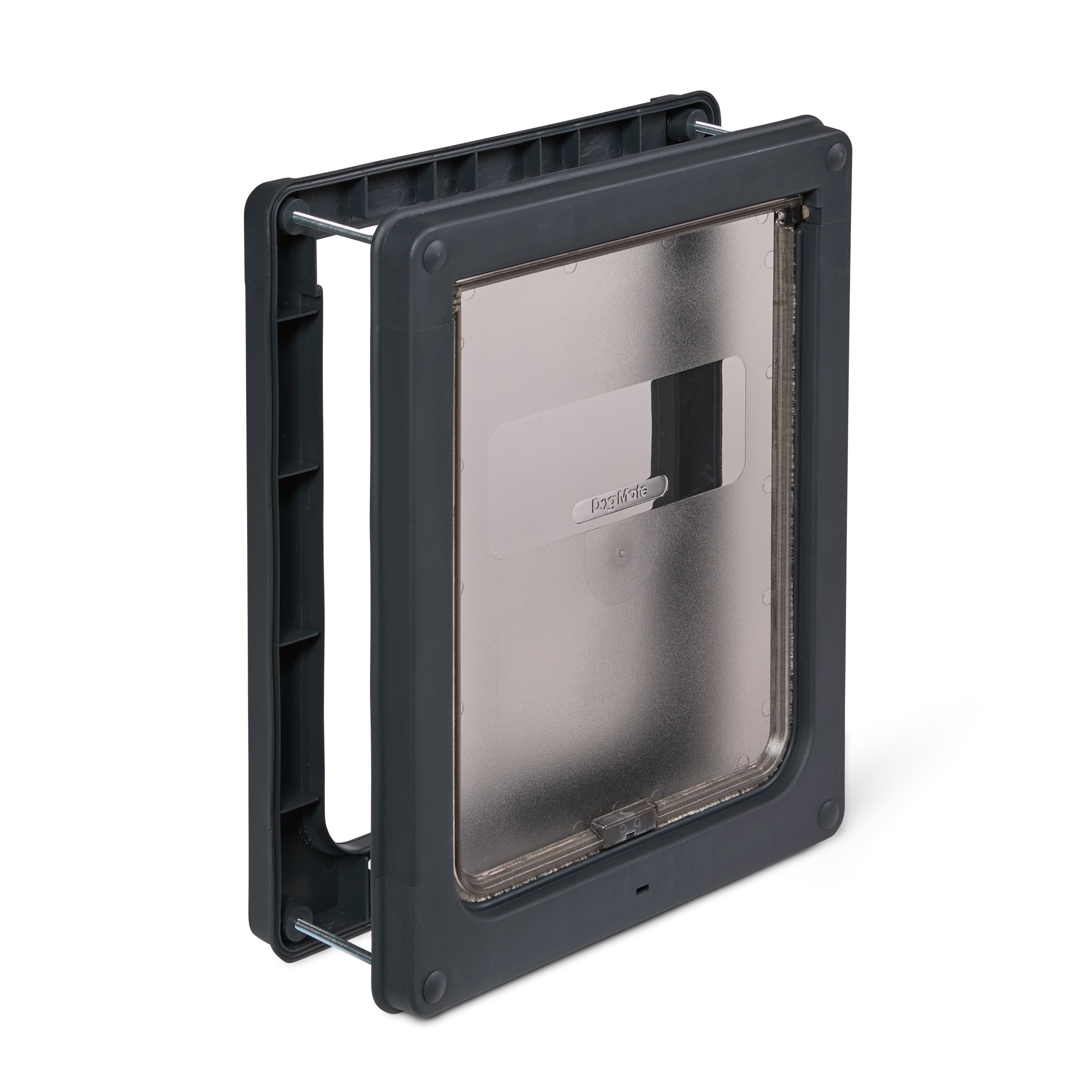 Side-angled view of the grey pet flap made by Dog Mate for medium size dogs which has a fully brush-sealed flap that is draught-proof and weather-proof