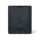 A front view of the back of the grey pet door for medium size dogs on a white background