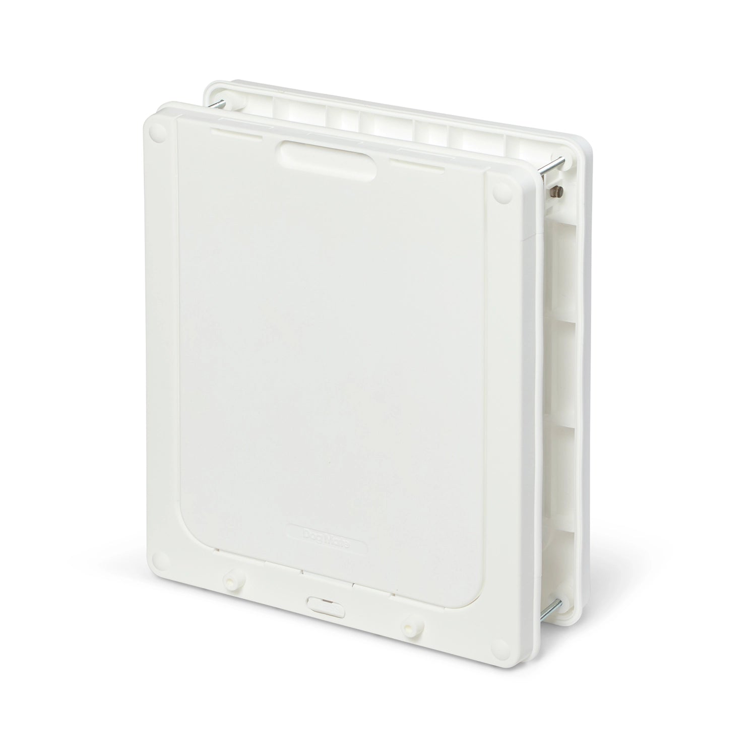 A side on view of the back of the white Dog Mate Pet flap for medium size dogs, as well as cats, which is suitable for installation in to UPVC, metal or wooden doors or a wall, on a white background
