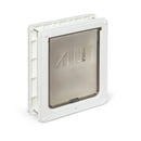 A front angled view of the medium dog door by Dog Mate, which can be installed in to a variety of door types such as UPVC, wood and metal (except glass) as well as a wall, on a white background