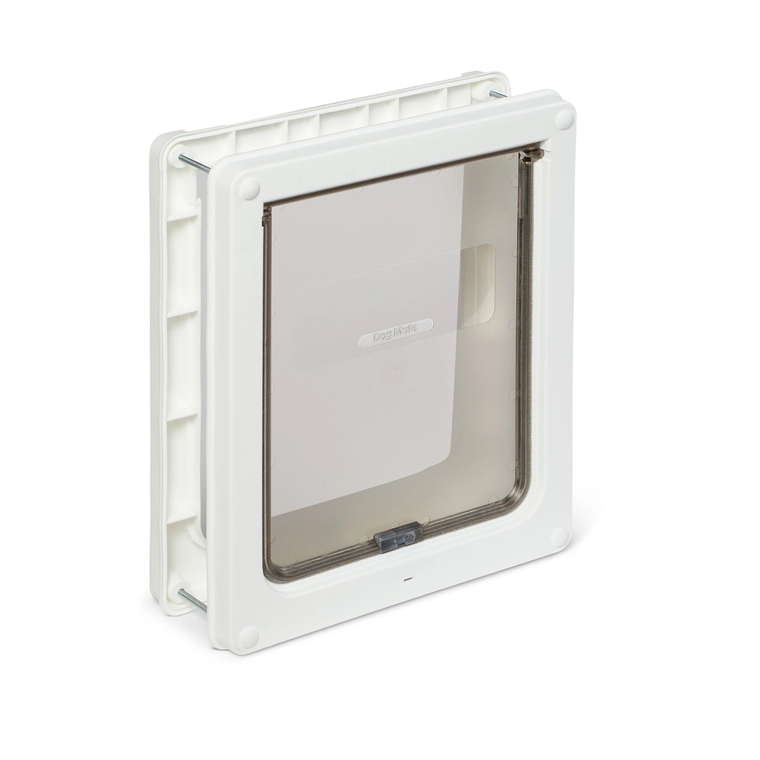 Pet door with a clear flap on a white background