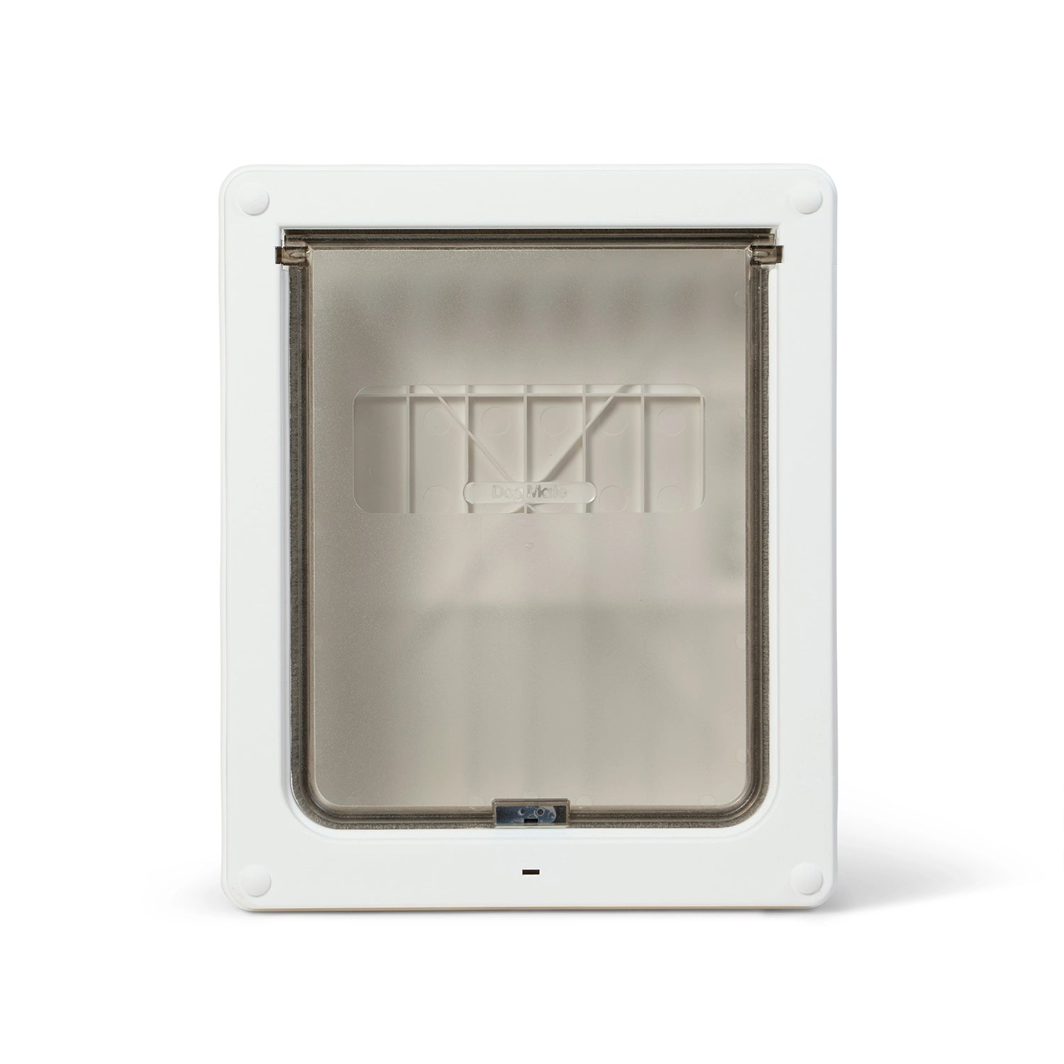 A white pet door for medium size dogs such as spaniels, which can also be used by cats, with a frosted flap with a horizontal clear panel with the 'Dog Mate' brand on it on a white background