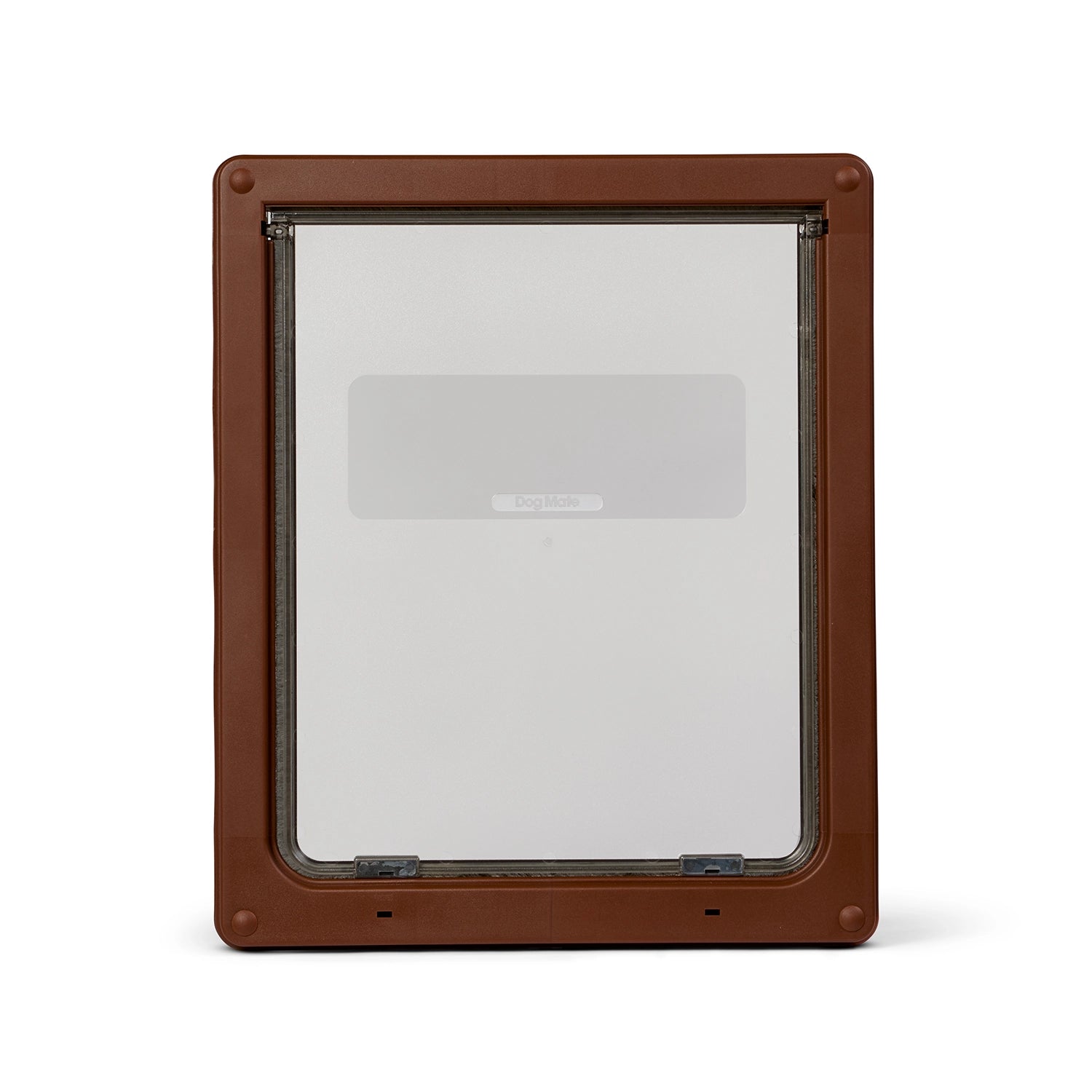 A brown pet door frame with a large clear flap which is suitable to be used by larger dogs such as German shepherds and Labradors, and has a two way locking mechanism and a matching brown security panel, on a white background