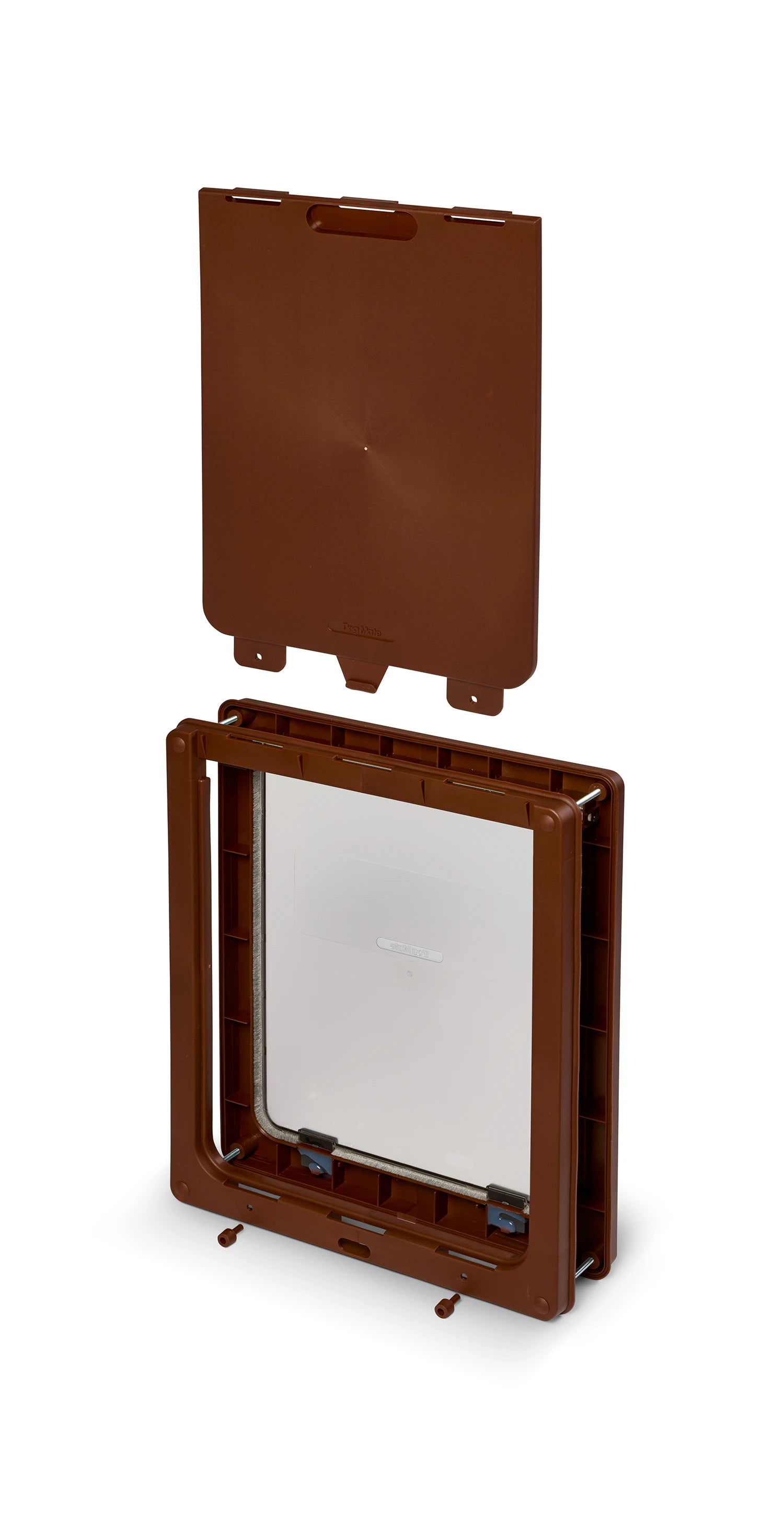 The composite view of the large brown dog door by Dog Mate, with the brown two way locking security panel is shown above it, on a white background