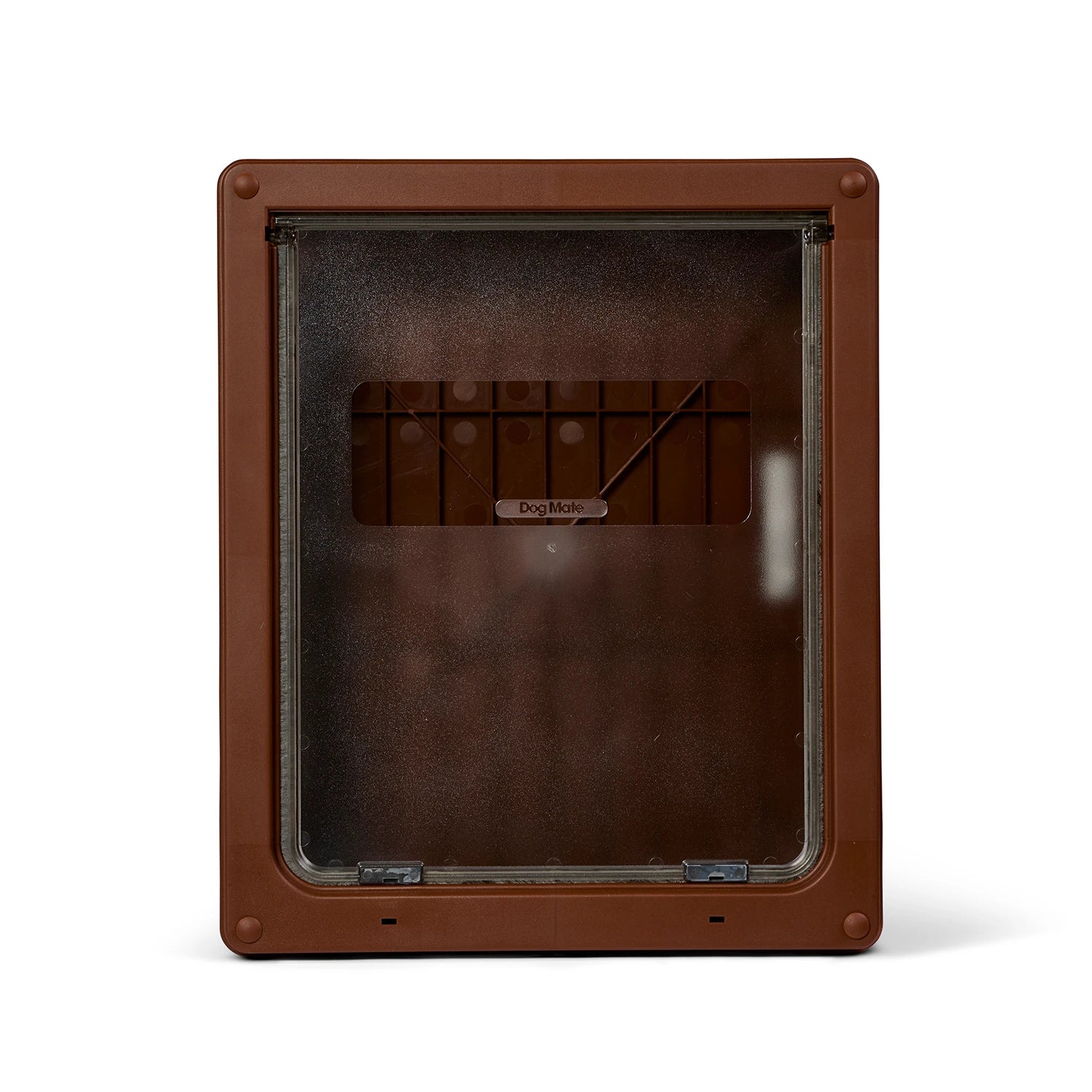A brown plastic pet door which is suitable for large dog breeds such as Labradors and German shepherds, and is self lining up to two inches, with clear plastic panel on a white background