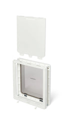 A white pet door frame with the white two way locking security panel positioned above it to demonstrate its purpose, on a white background