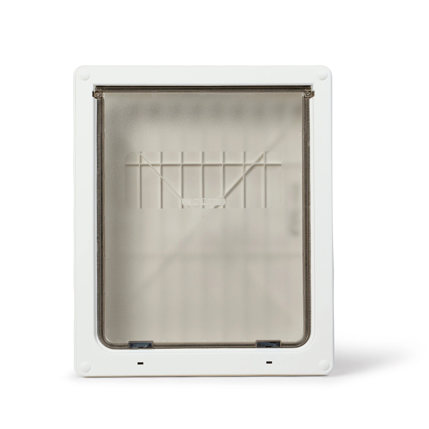 A front view of the frosted door which is in the closed position on the white pet door frame, on a white background