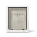 A front view of the frosted door which is in the closed position on the white pet door frame, on a white background