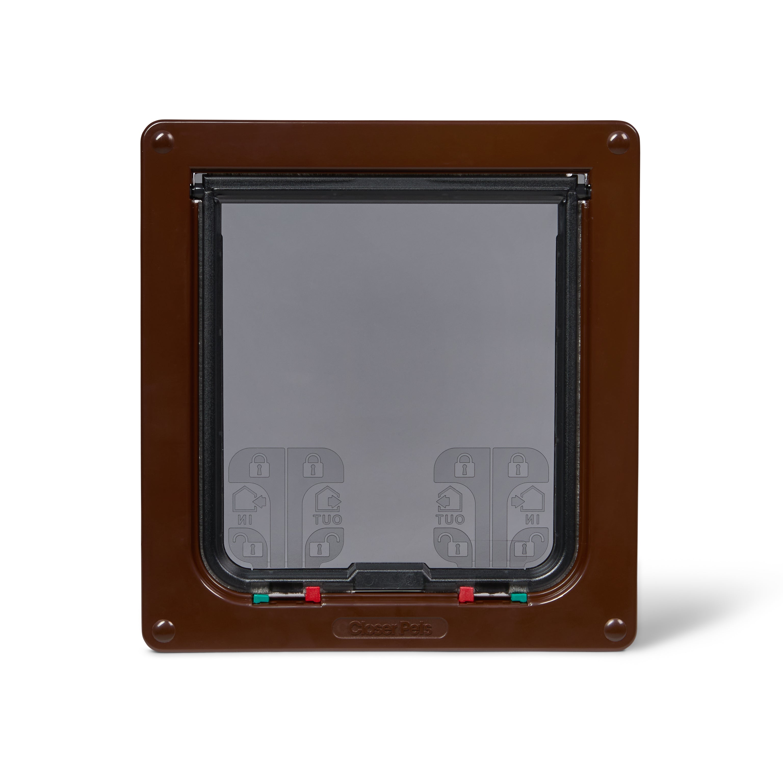 A brown pet door frame with a clear flap and manual locks for large cats and small dogs made by Cat Mate on a white background
