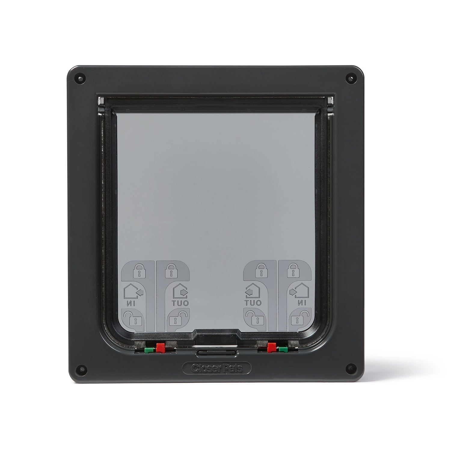 A dark grey pet door for large cats and small dogs with a 4 way lock control that is suitable for a variety of door types (except glass) as it is self lining up to two inches