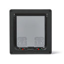A dark grey pet door for large cats and small dogs with a 4 way lock control that is suitable for a variety of door types (except glass) as it is self lining up to two inches