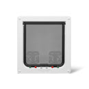 A white door frame and clear flap that is suitable for large cats and small dogs made by Cat Mate on a white background