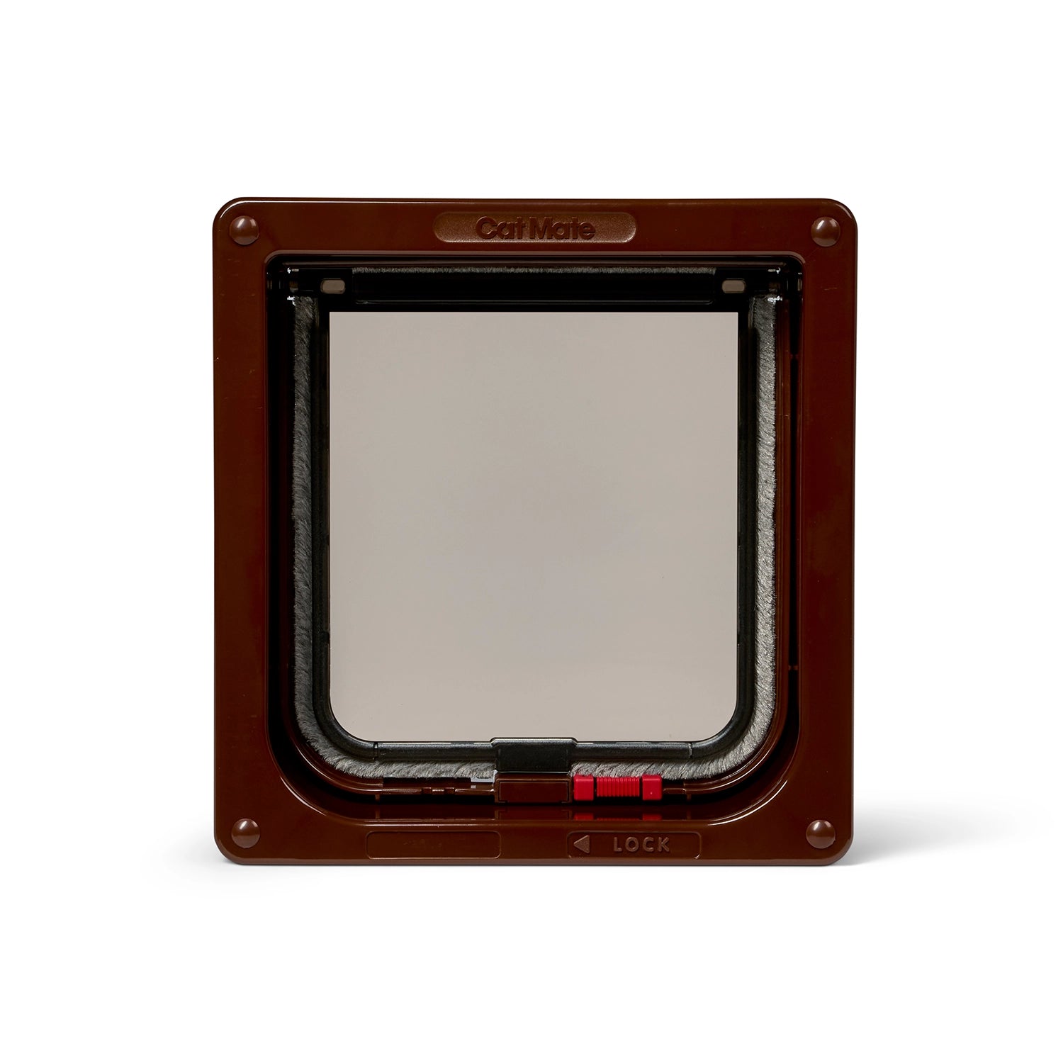 Pet door with a clear flap for average size cats, with two way locks and is self lining to two inches so can be installed on most doors (except glass) or a wall, on a white background