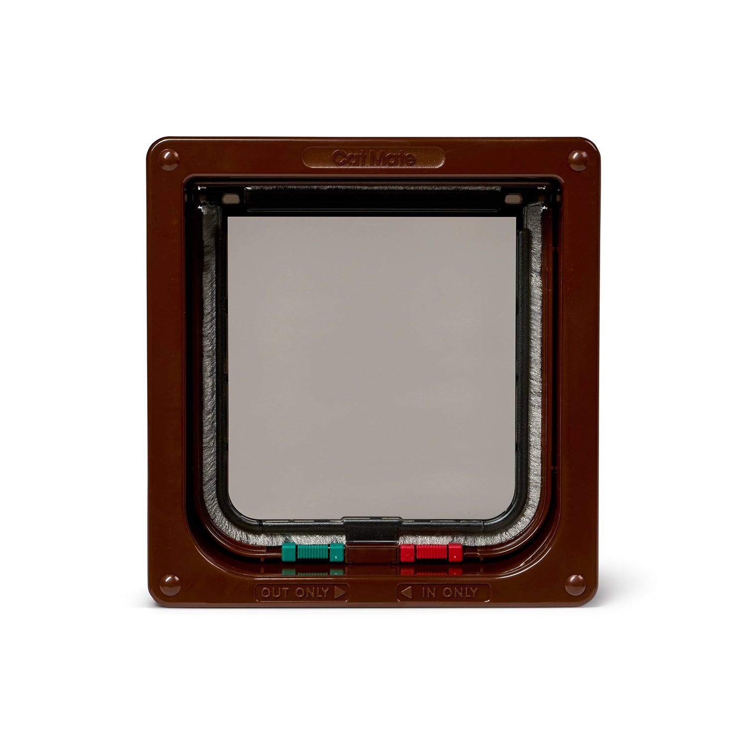 Pet door with a brown frame and a clear flap which is suitable for average size cats and can be installed in to a variety of door and wall types on a white background