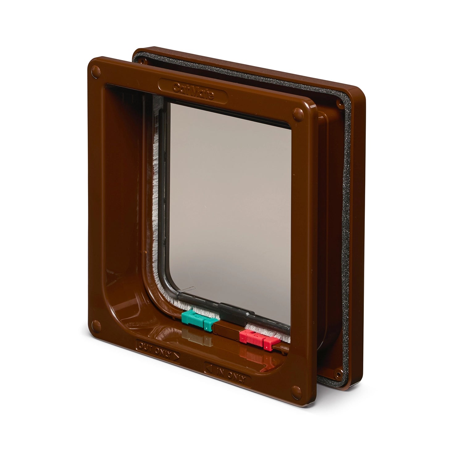 Side on front view of a brown pet door for average size cats with a clear flap on a white background
