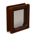 Brown pet door with a clear flap on a white background
