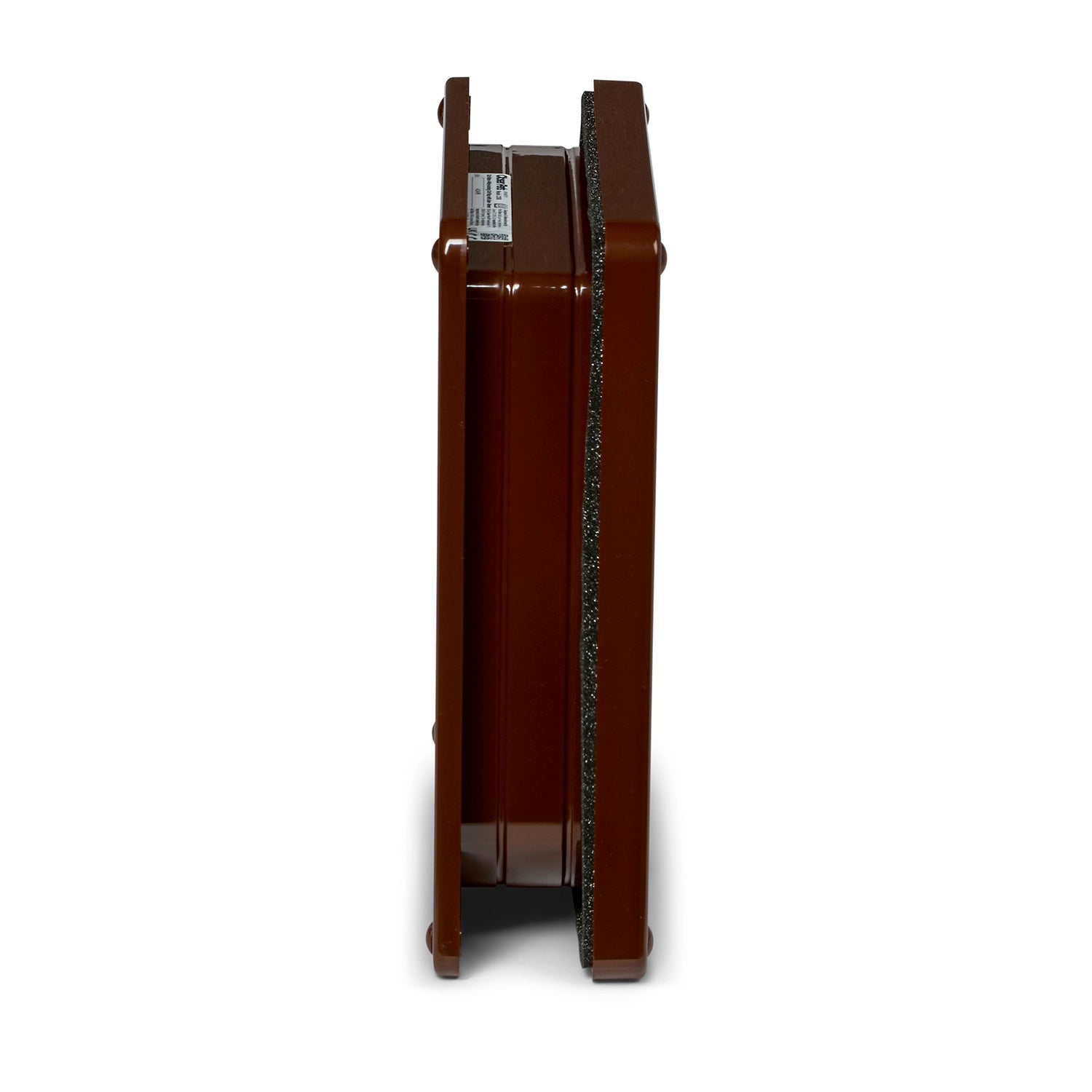 A side view of the Cate Mate brown cat flap with four way locks and an inbuilt wall liner up to two inches, which allows the pet door to be installed in a variety of doors and walls, on a white background