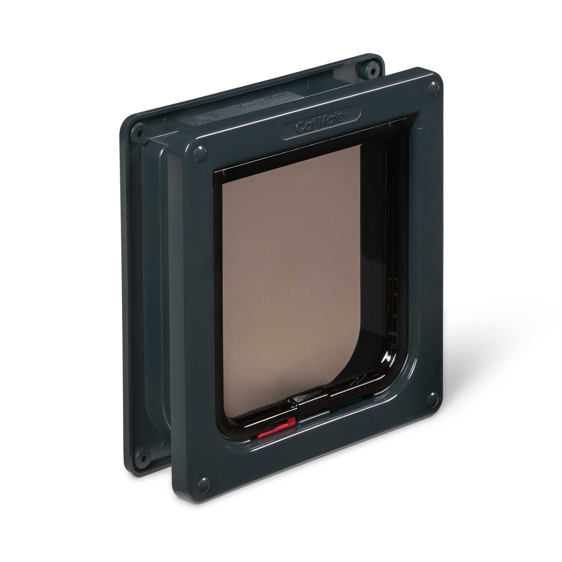 Manual locking pet door for average size cats made by Cat Mate with a grey frame and clear flap showing one of the red locks, on a white background