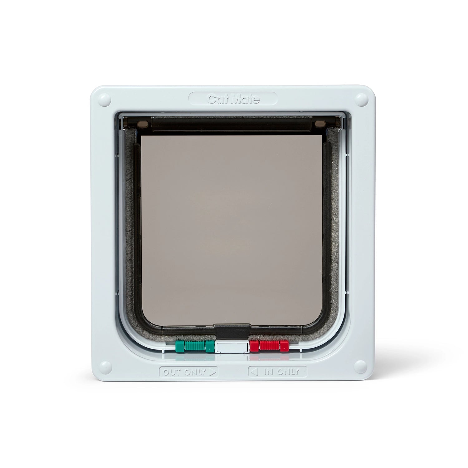 A white pet door for small to average size cats, with a clear flap and four - way locks, suitable for installation into doors and walls on a white background