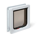 Pet door with a white frame on a white background that has four-way locks and can be installed in a variety of door and wall types, on a clear background